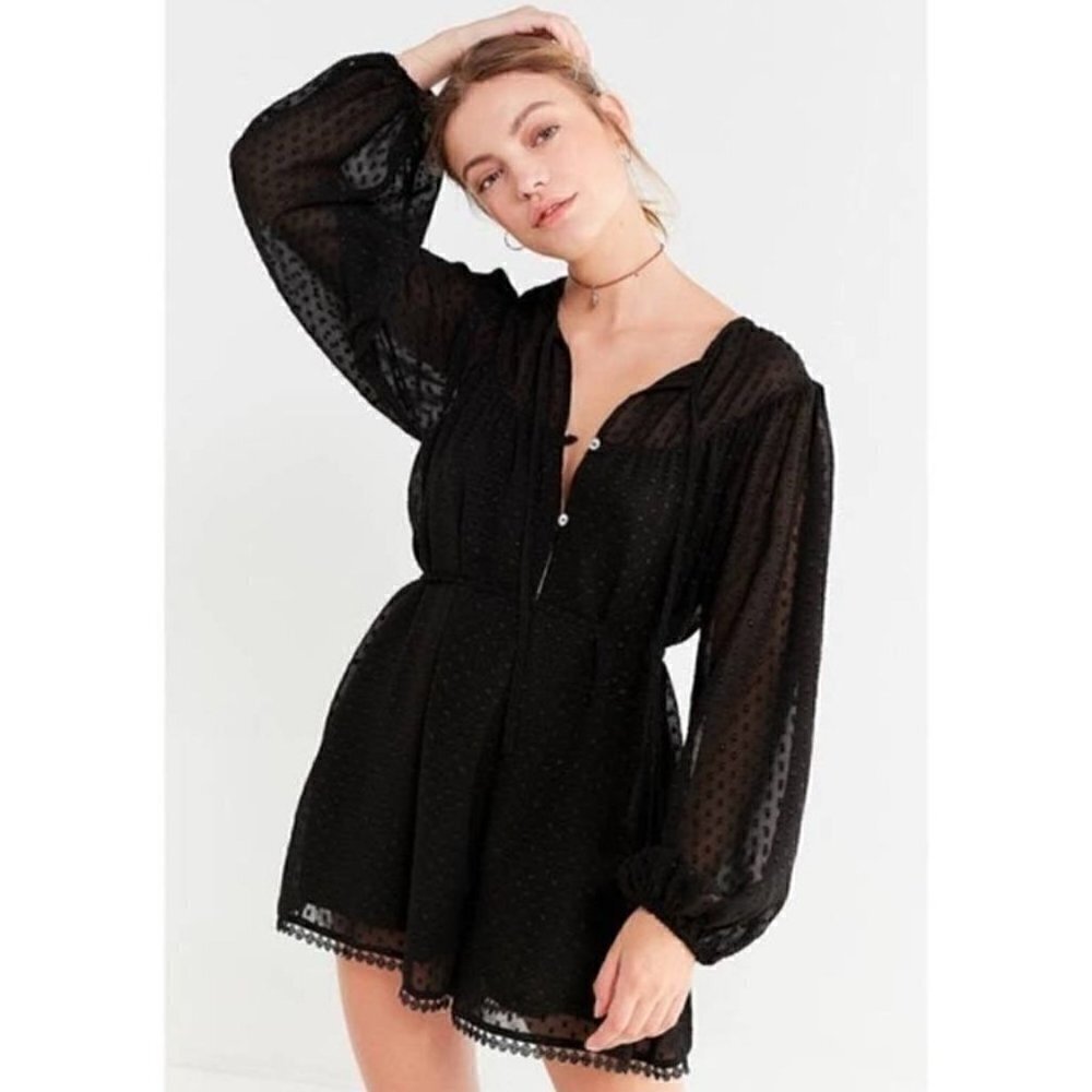 Urban Outfitters Black Long Balloon Sleeve V-Neck Romper - Medium